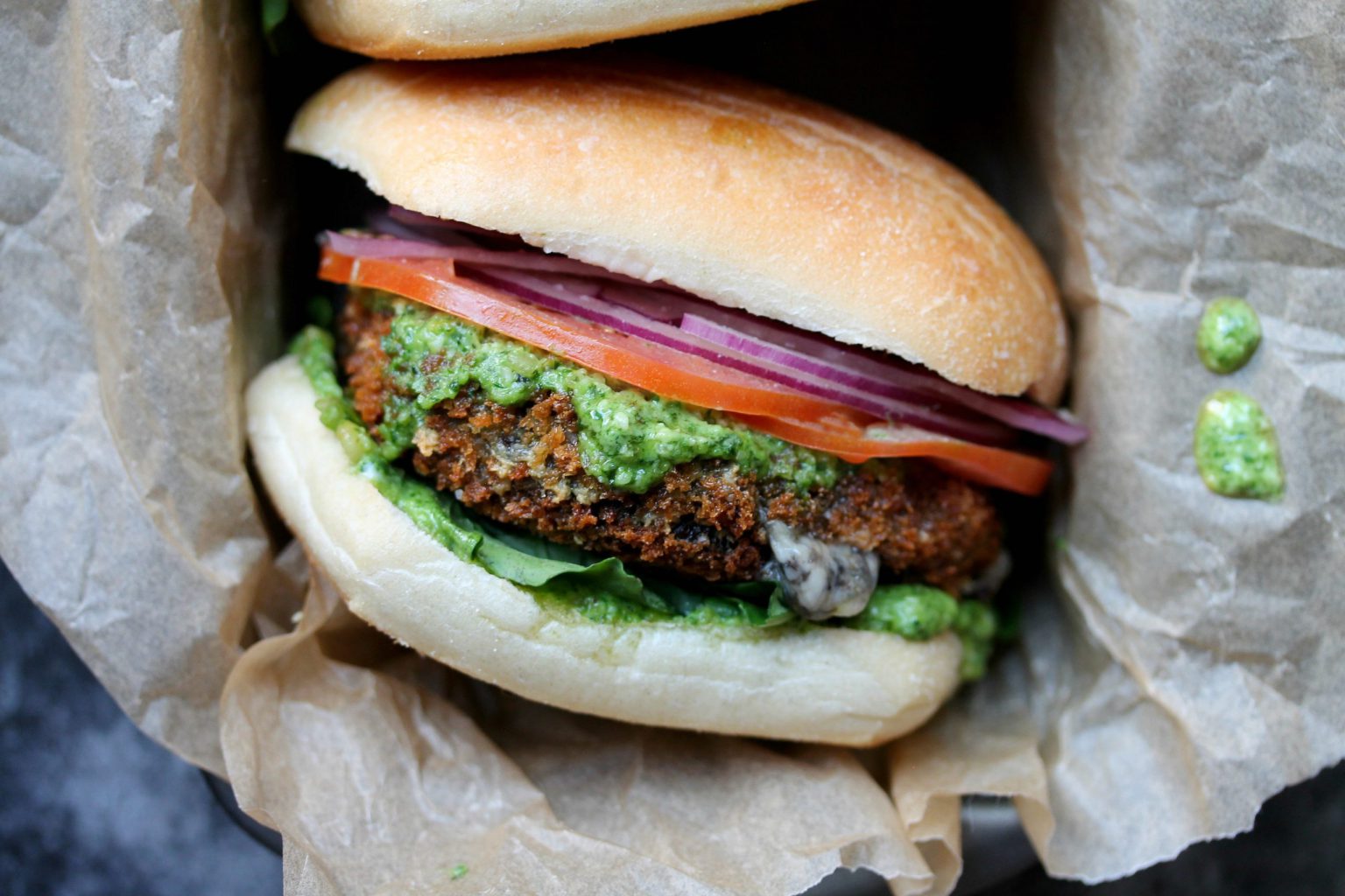 Cheesy Vegan Stuffed Mushroom Burgers with Pesto Mayo - Eat Figs, Not Pigs