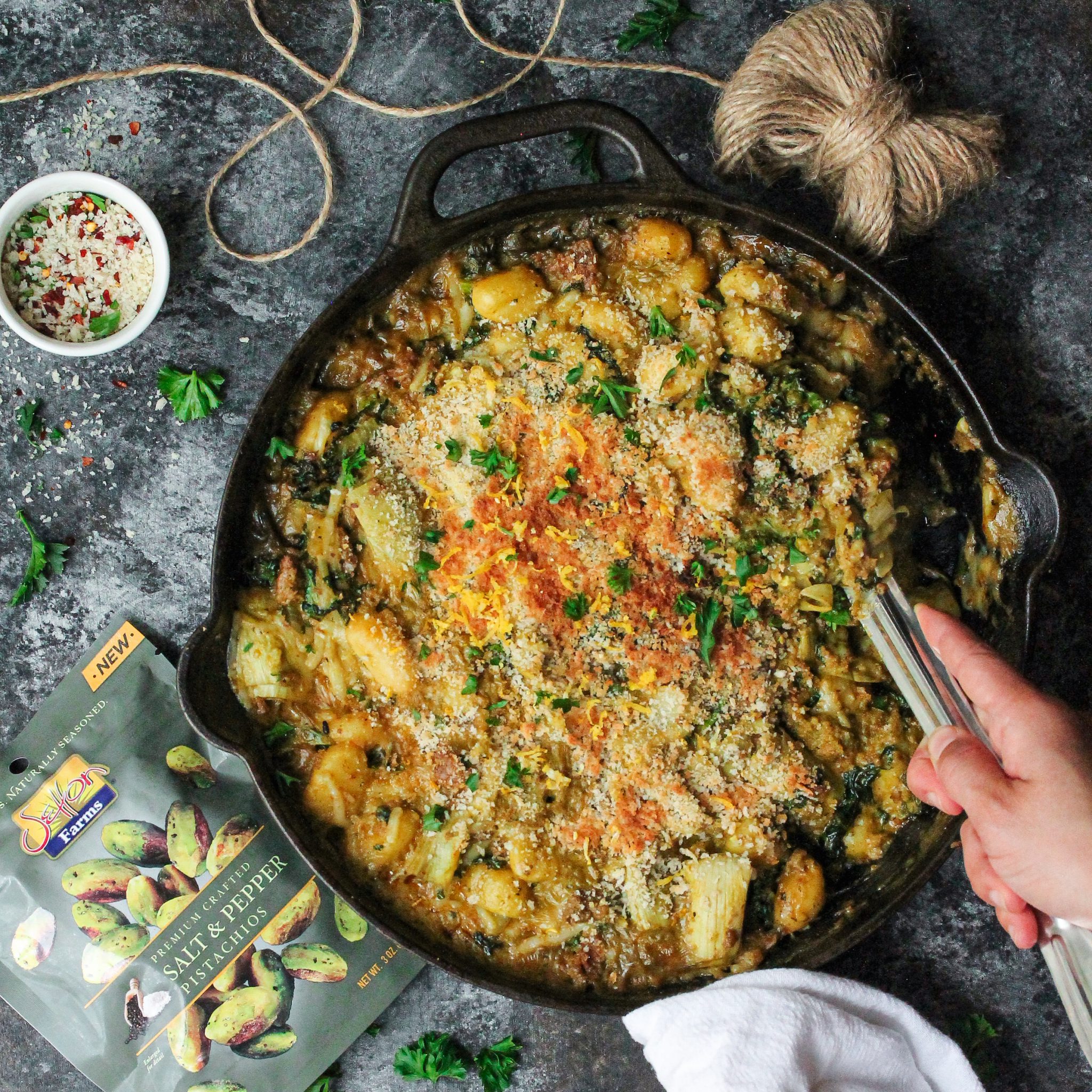 Skillet Baked Vegan Sausage, Kale and Artichoke Gnocchi with Pistachio ...