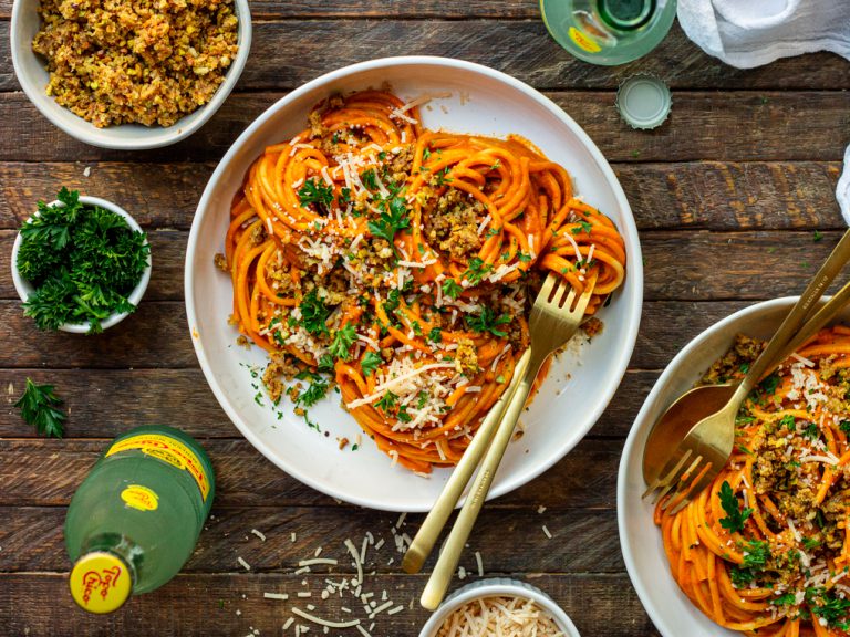 Roasted Red Pepper Pasta with Cheesy Pistachio Breadcrumbs