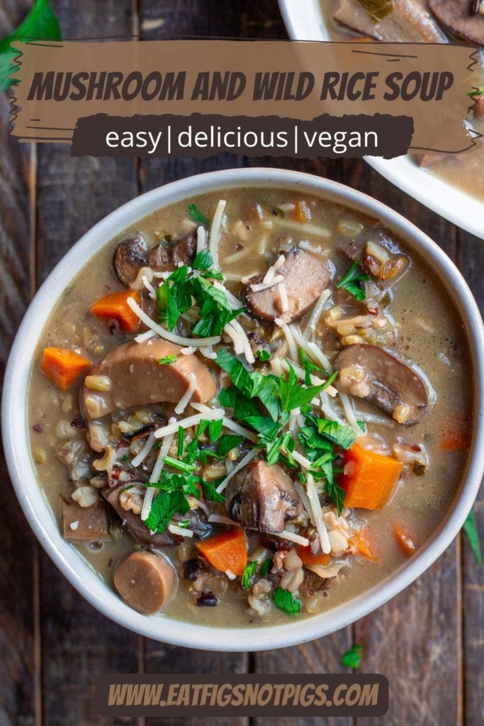 Bowl of creamy vegan wild rice and mushroom soup garnished with fresh parsley and vegan parmesan cheese.