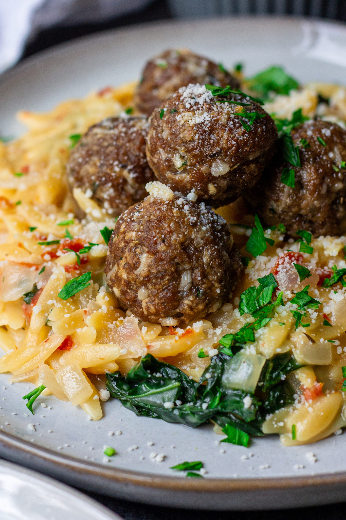 Herby Meatballs with Creamy Kale Orzo - Eat Figs, Not Pigs