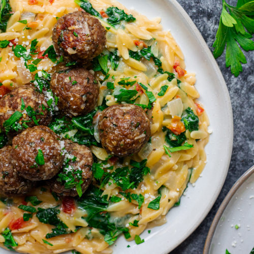 vegan meatballs with creamy orzo