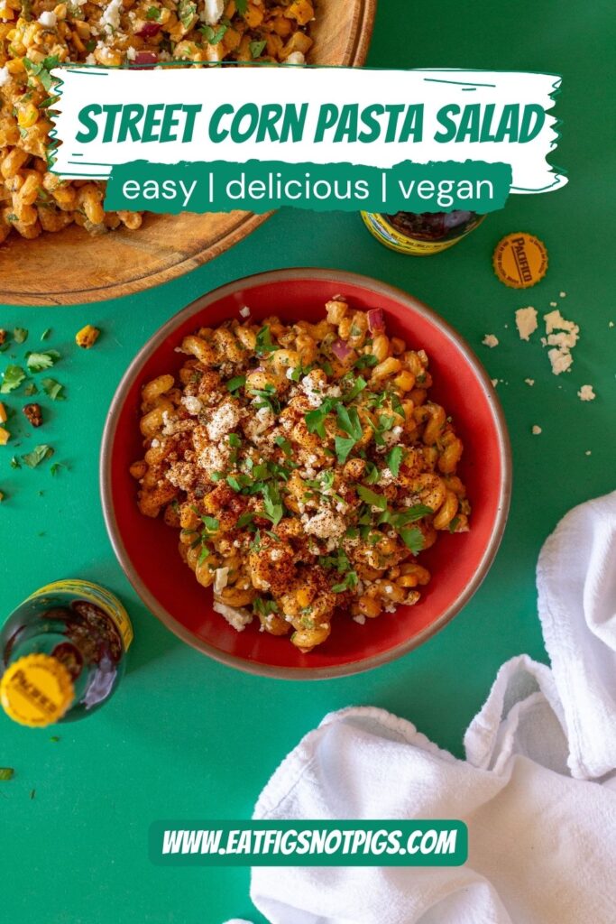 Bowl of colorful Vegan Street Corn Pasta Salad with roasted corn, red onion, and cilantro